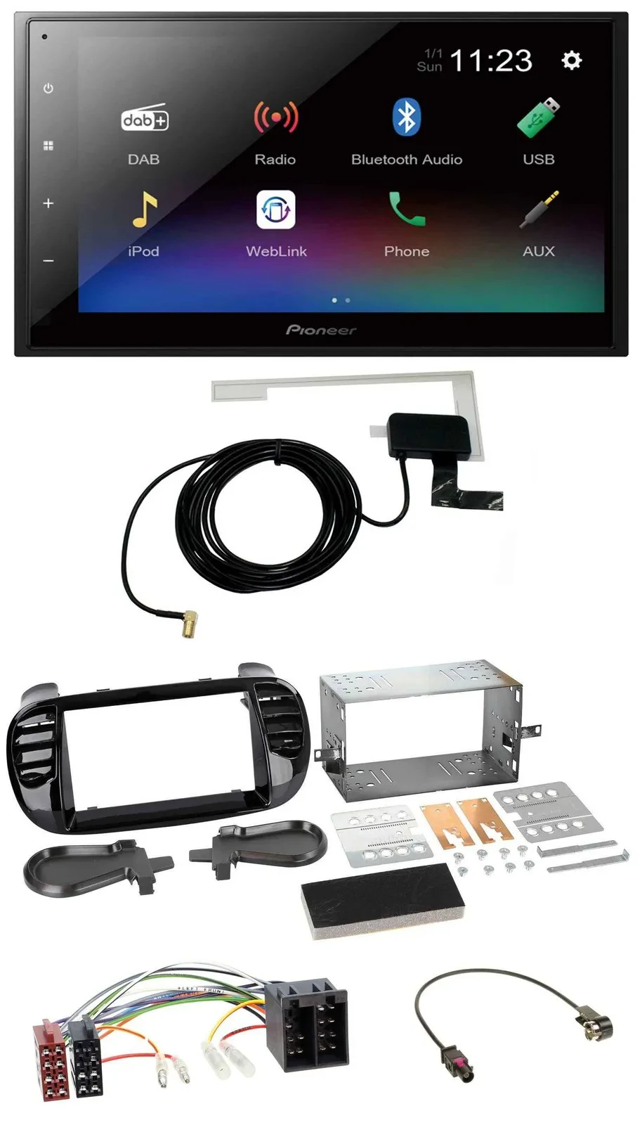 Pioneer DAB MP3 Bluetooth 2DIN USB Autoradio für Fiat 500 ab 12 ISO schwarz