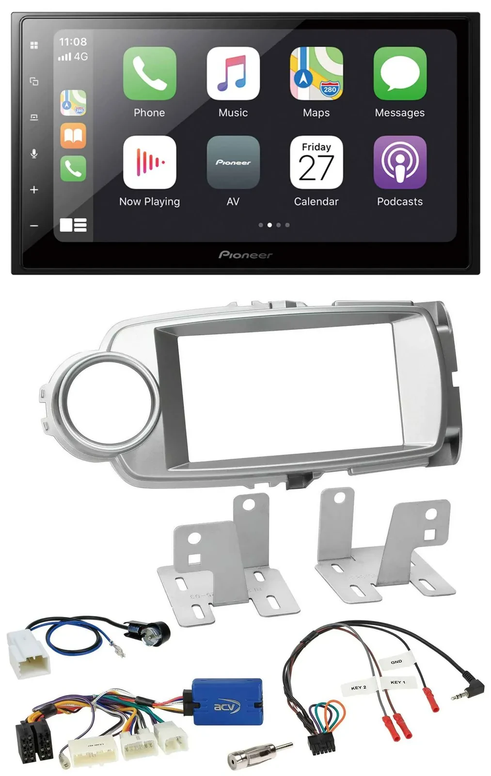 Автомагнитола Pioneer 2 DIN, Bluetooth, DAB, USB для Toyota Yaris 2011–2014, серебристая, поддержка управления на руле