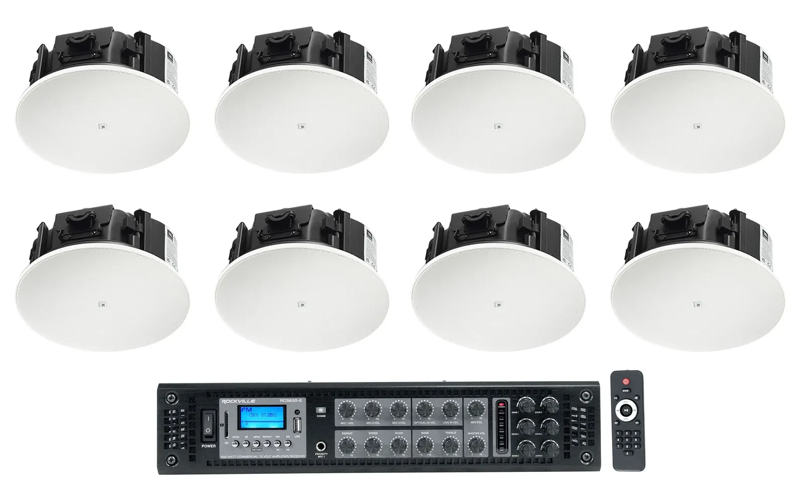 Потолочная акустика для инсталляций JBL Control 426LP 6.5" Low Profile, 70V (набор, 8 шт.) с усилителем RCS650-6