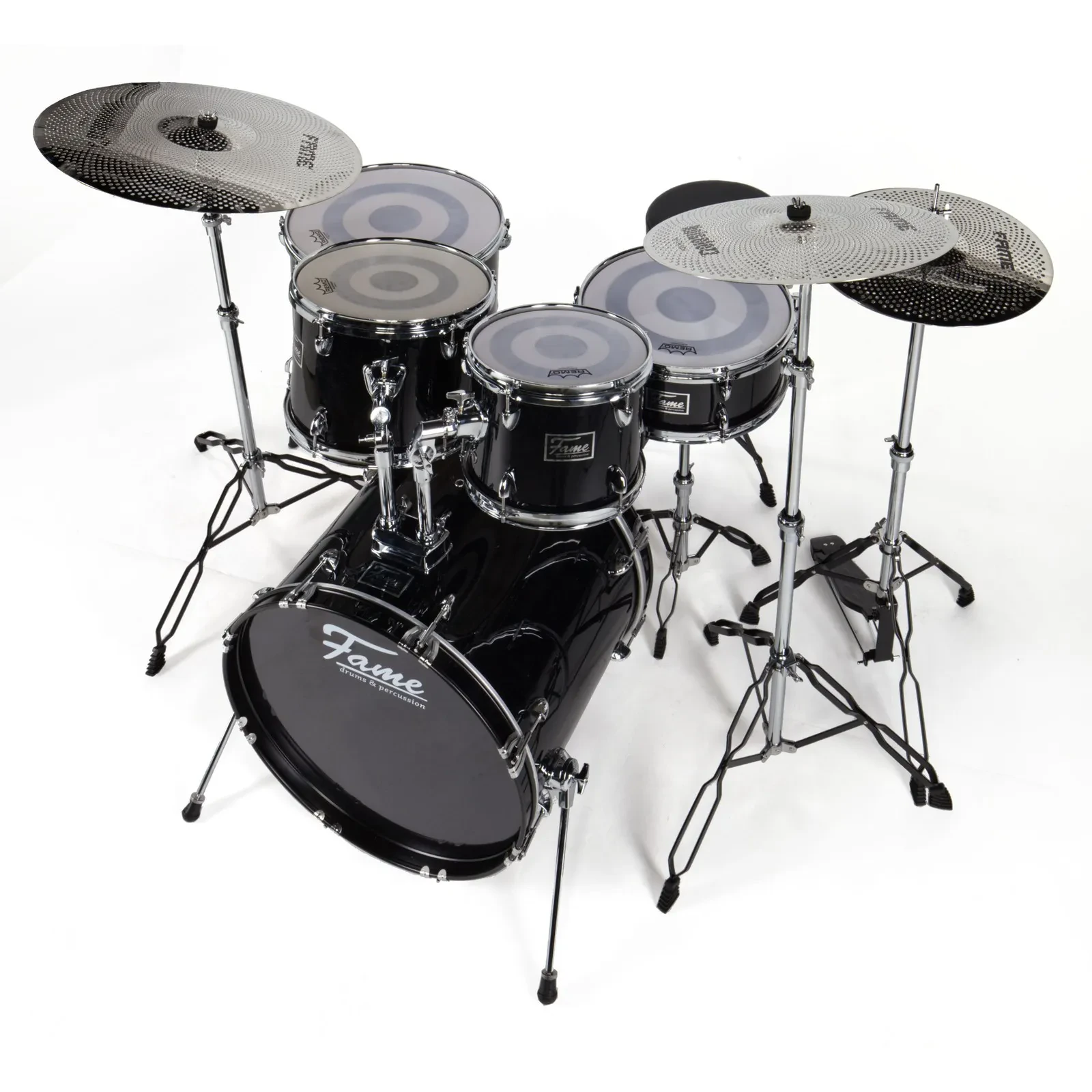 Practice Drum Kit 20, 20" Bass, Black, Chrome Hardware, Mesh Heads, Cymbal Set