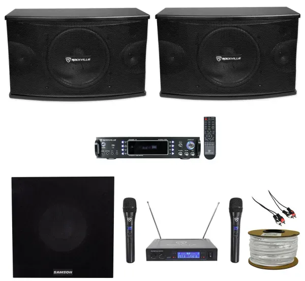 (2) Rockville 1200w Karaoke Speakers+Bluetooth Amplifier+Wireless Mics+Subwoofer