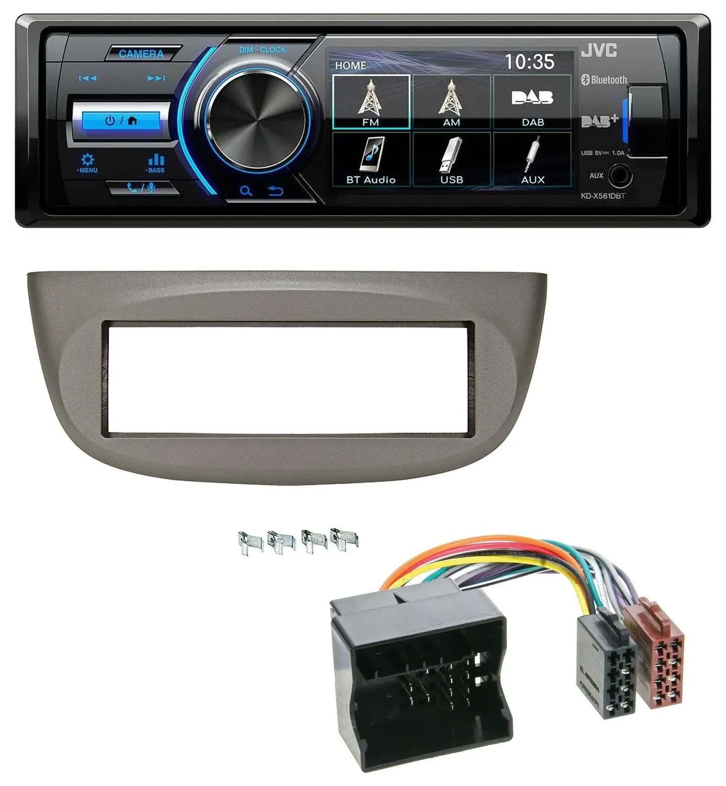 Автомагнитола для Renault Twingo 2007–2014 JVC Bluetooth, MP3, USB, DAB бежево-серая