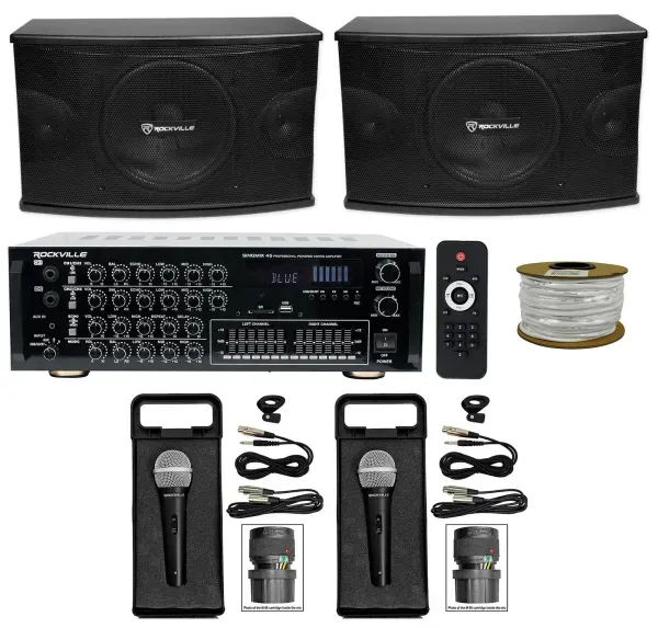 2) Rockville 10" 3-Way 1200w Karaoke Speakers+Powered Mixer w/Bluetooth+2) Mics