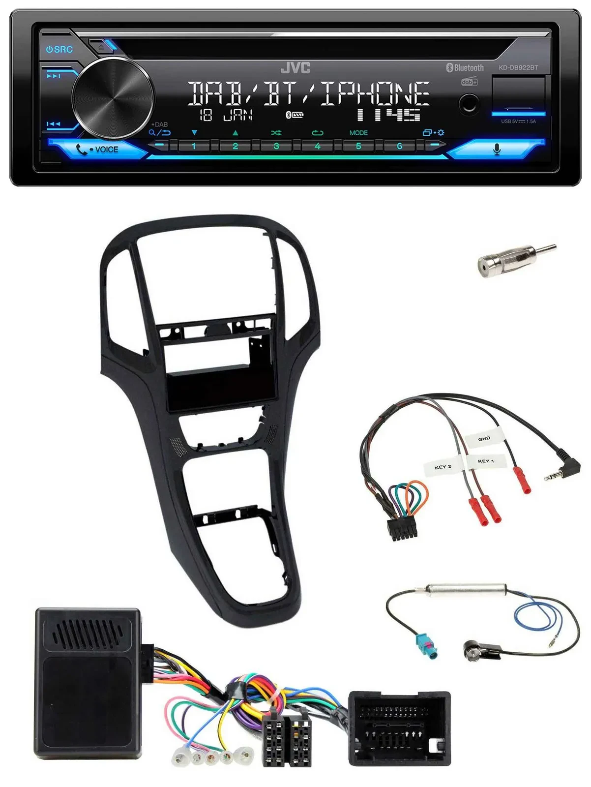 Автомагнитола для Opel Astra J (2009–2016) JVC Bluetooth, USB, DAB, CD, перламутровый черный