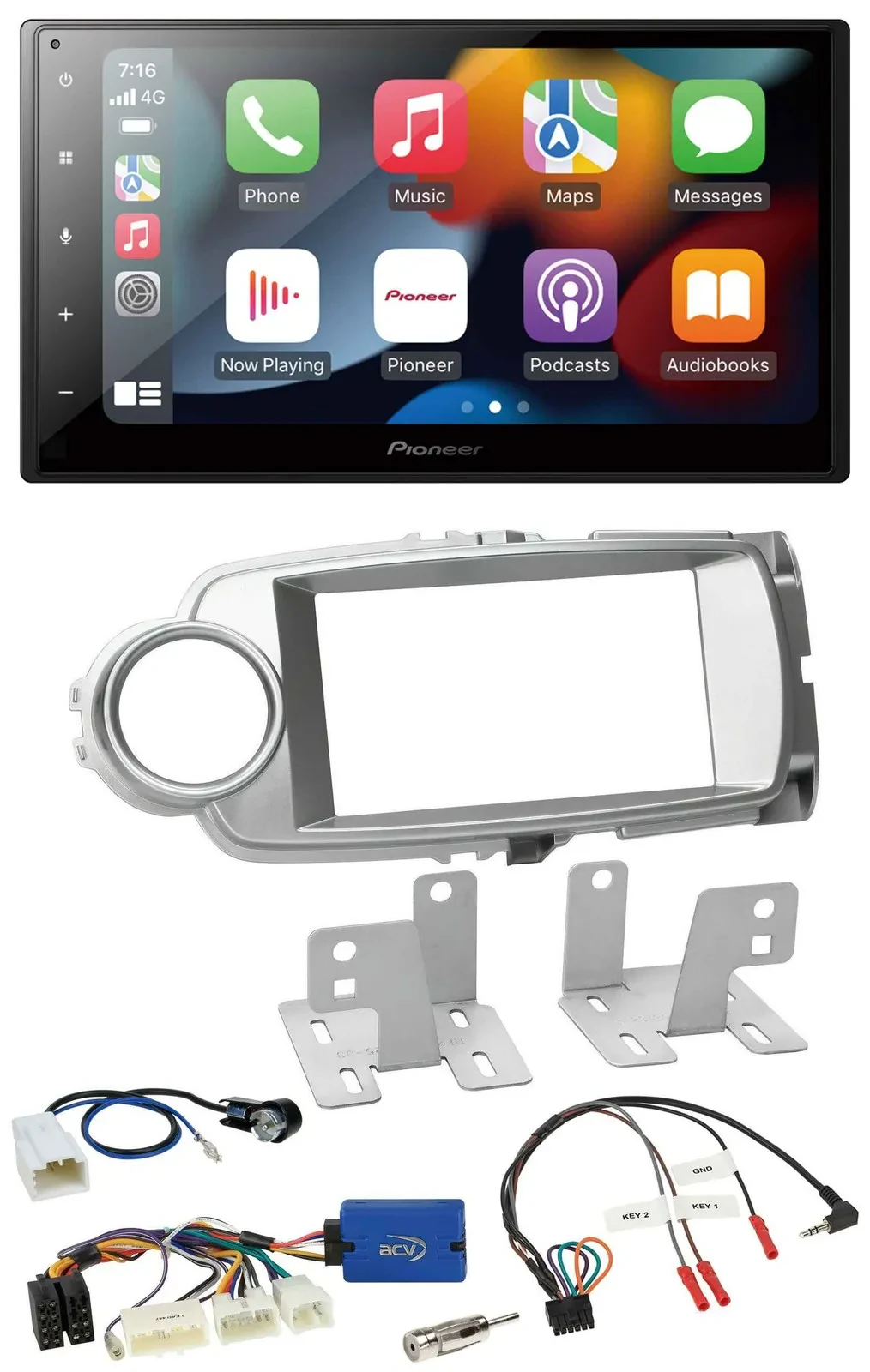 Автомагнитола Pioneer DAB Bluetooth 2-DIN USB для Toyota Yaris 2011–2014, серебристая, поддержка управления на руле