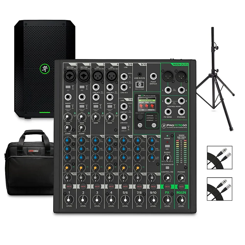 Mackie ProFX10GO Battery-Powered Mixer Bundle w/Thump GO Speaker. Accessories
