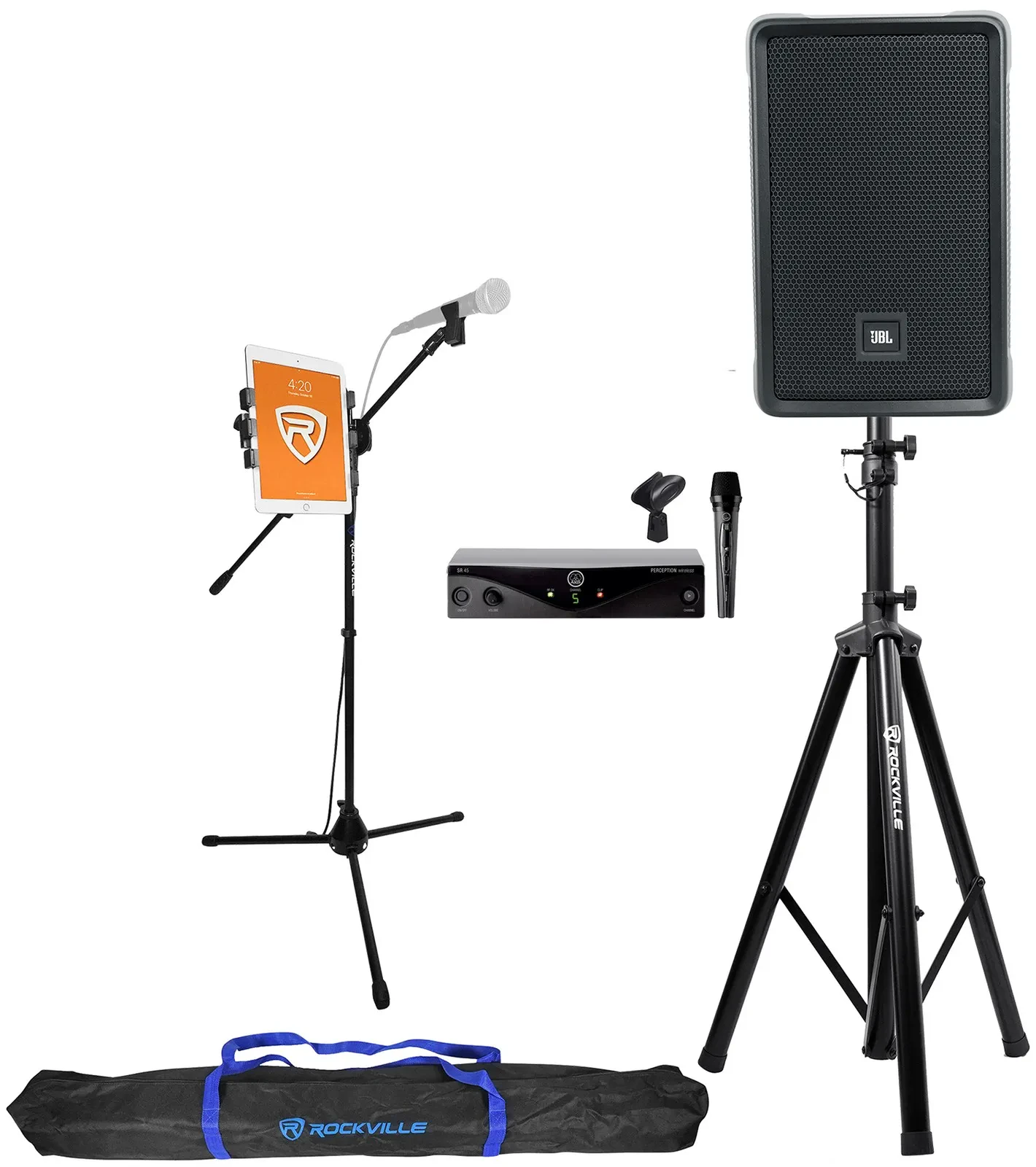 JBL IRX108BT 8" 1000w Bluetooth Karaoke Machine System+Stands+AKG Wireless Mic