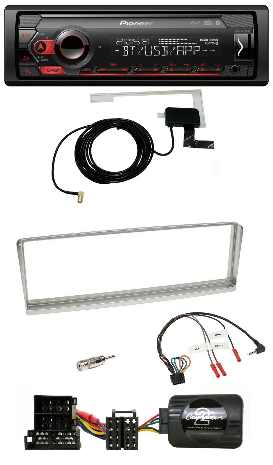 Автомагнитола для Alfa Romeo 156 (2002–2003) Pioneer DAB USB Bluetooth, поддержка кнопок на руле, серебристая
