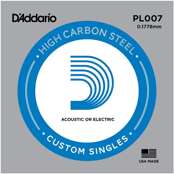 Струна для акустической и электрогитары D'Addario PL007 High Carbon Steel Custom Singles, сталь, калибр 7