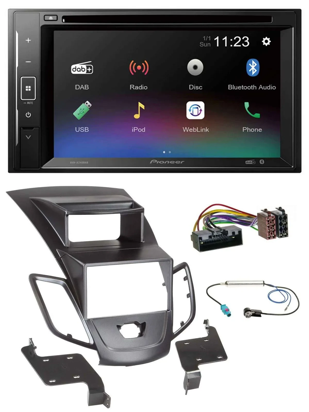 Автомагнитола Pioneer 2 DIN, Bluetooth, USB, DAB, DVD для Ford Fiesta (2010–2017) с дисплеем