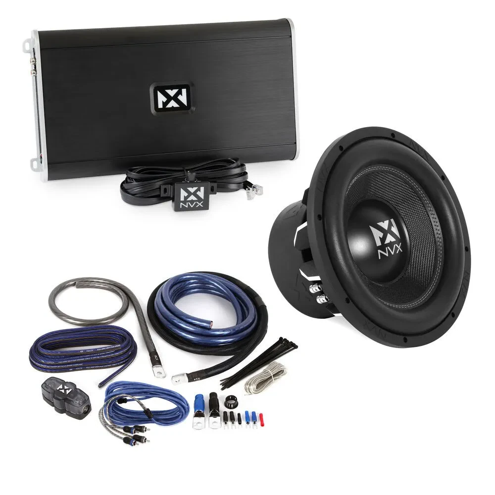 NVX VAD27001 Mono Amp+NVX 2400W 12" Subwoofer+Amp Install Kit