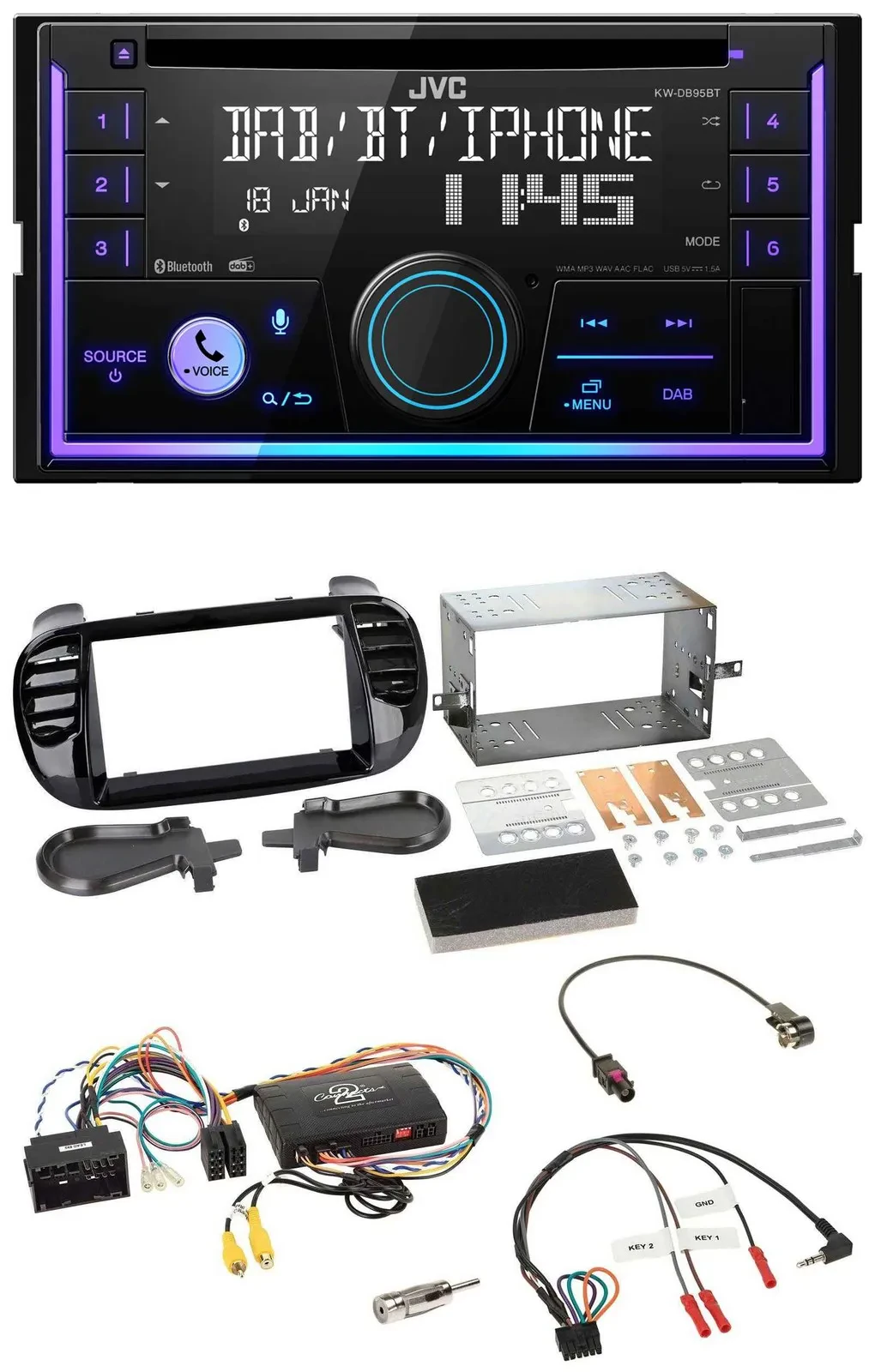 JVC Lenkrad USB 2DIN DAB Bluetooth CD Autoradio für Fiat 500 2014-2015 schwarz