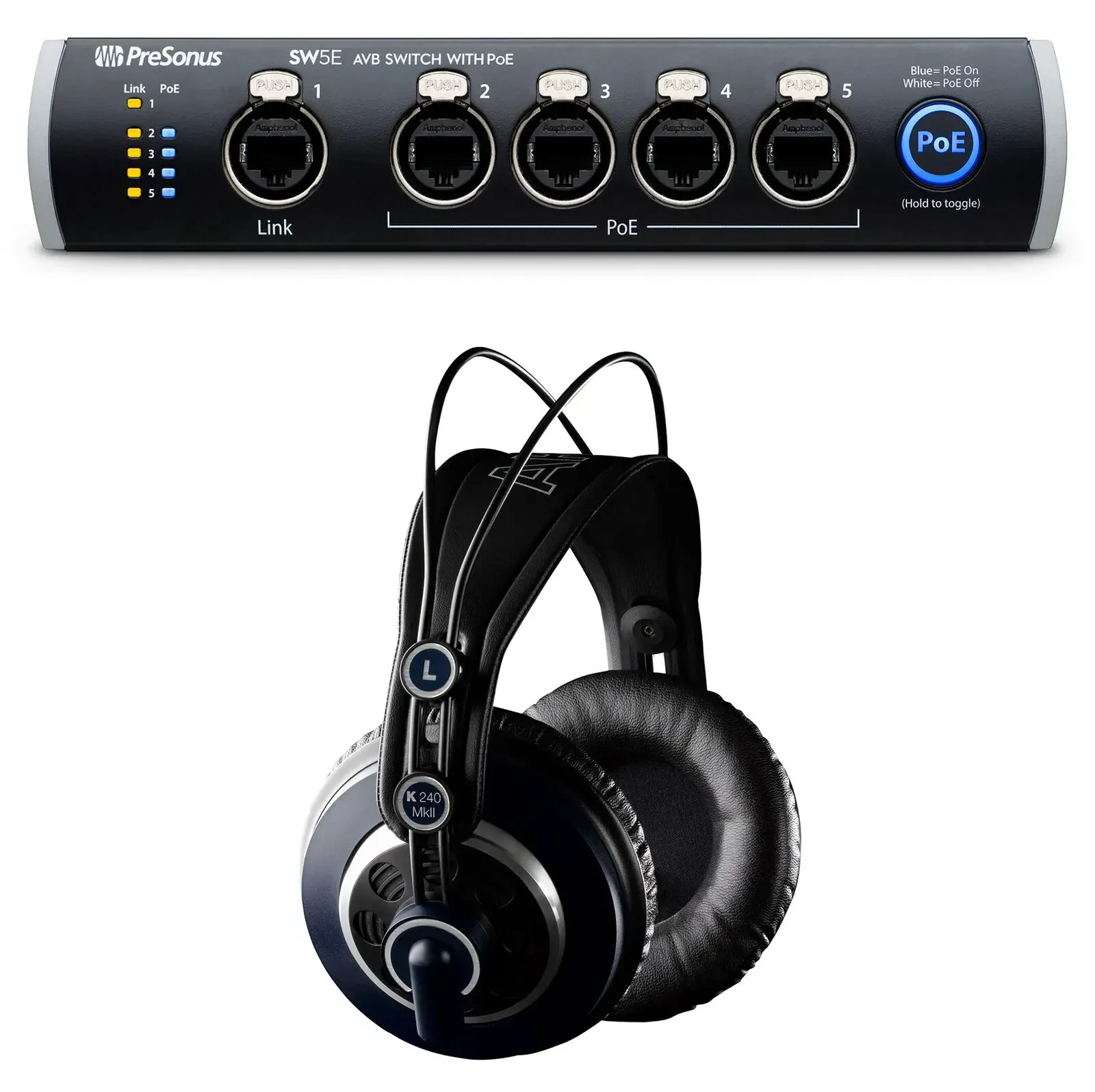 Коммутатор PreSonus SW5E 5-Port AVB, PoE, для стойки + наушники AKG K240 MKII (набор)