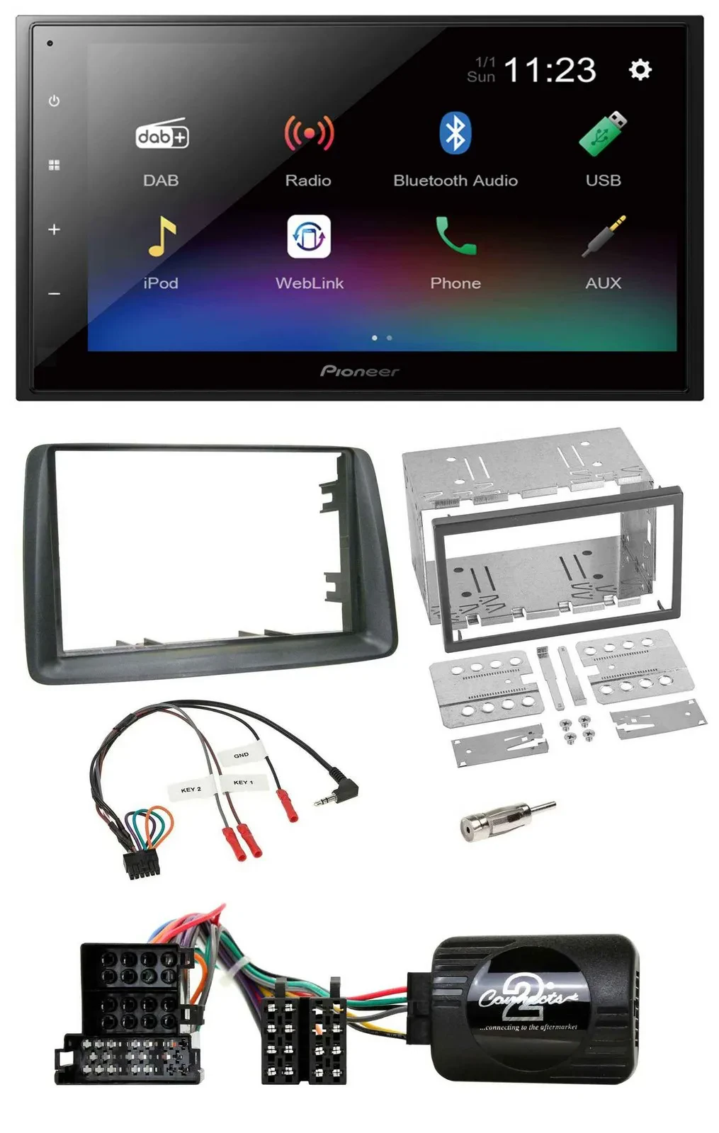 Pioneer USB Bluetooth DAB 2DIN Lenkrad Autoradio für Fiat Panda 2004-2007 grau