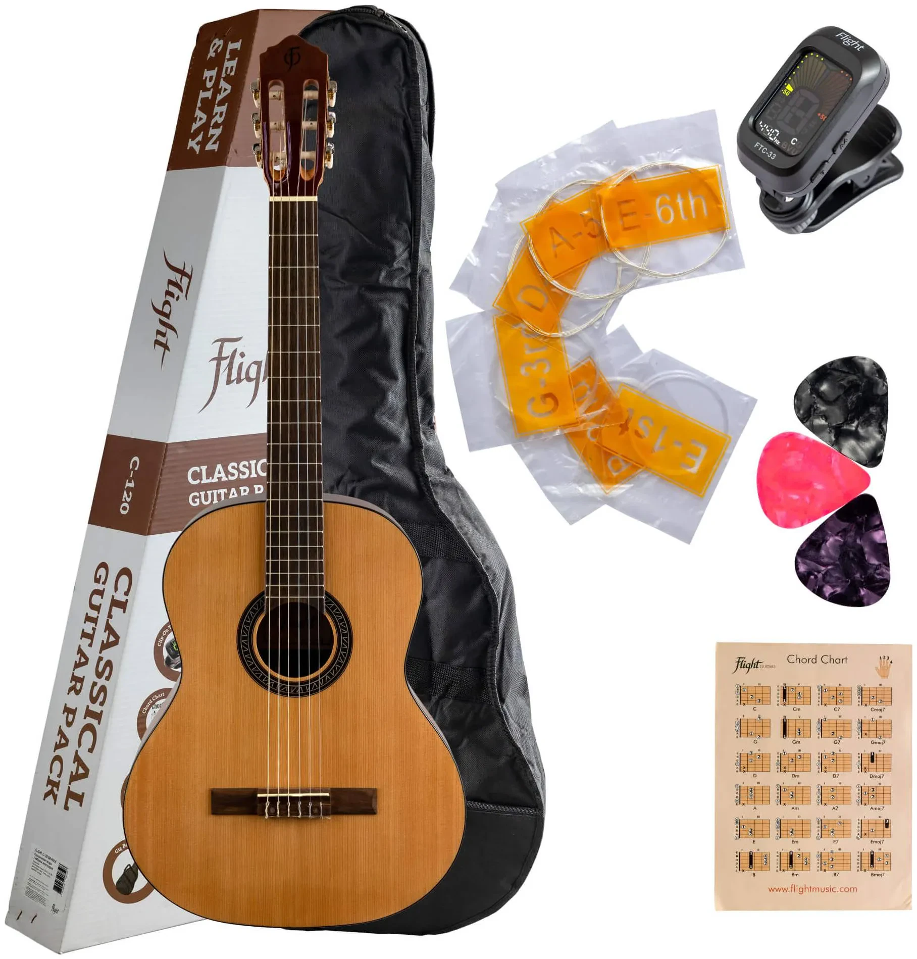 Классическая гитара FLIGHT C-120 NAT PACK (набор), натуральный