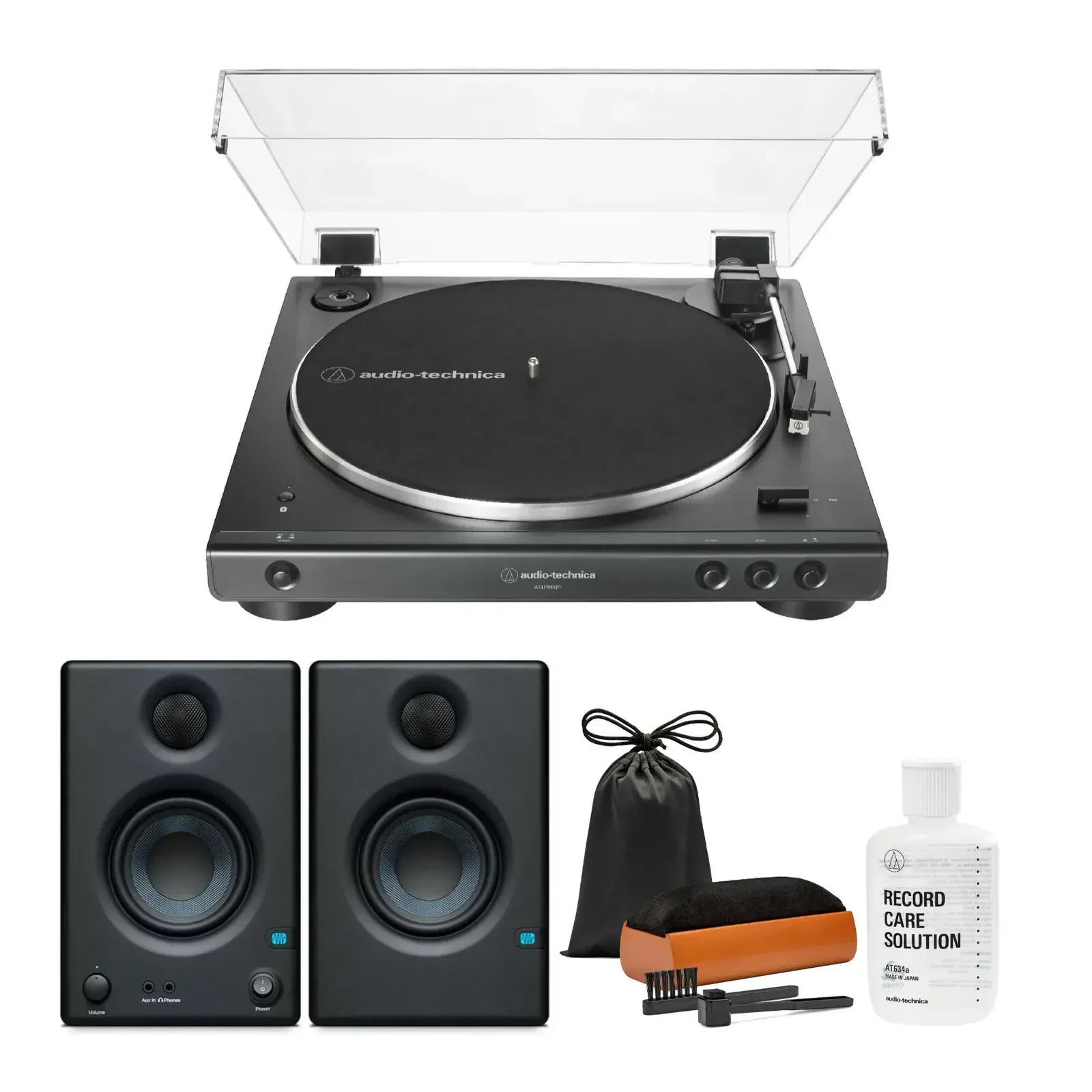 Audio Technica AT LP60XBT Bluetooth Turntable with Monitors and Cleaning Kit