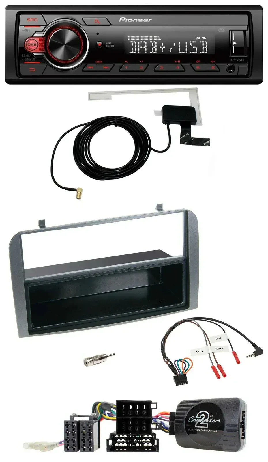 Автомагнитола для Alfa Romeo 147/GT (2007–2010) Pioneer 1-DIN MP3 DAB USB, антрацит, совместима с кнопками на руле, с карманом