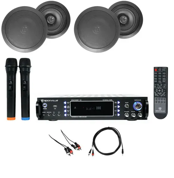 RPA70WBT Bluetooth Karaoke Amplifier+(4) 6.5" Black Ceiling Speakers+Mics