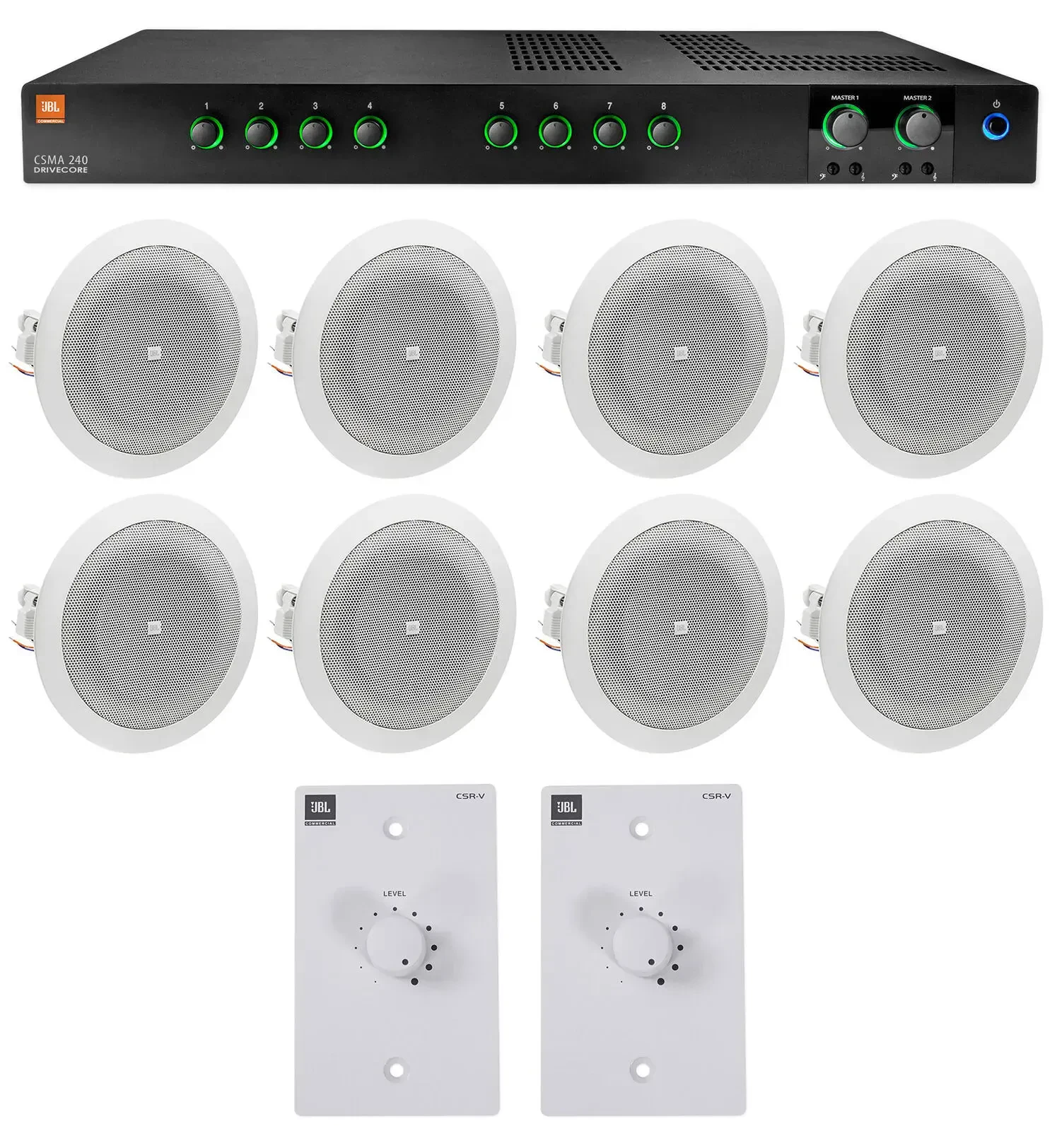 JBL CSMA240 Commercial Amplifier+(8) 4" In-Ceiling Speakers+White Wall Controls