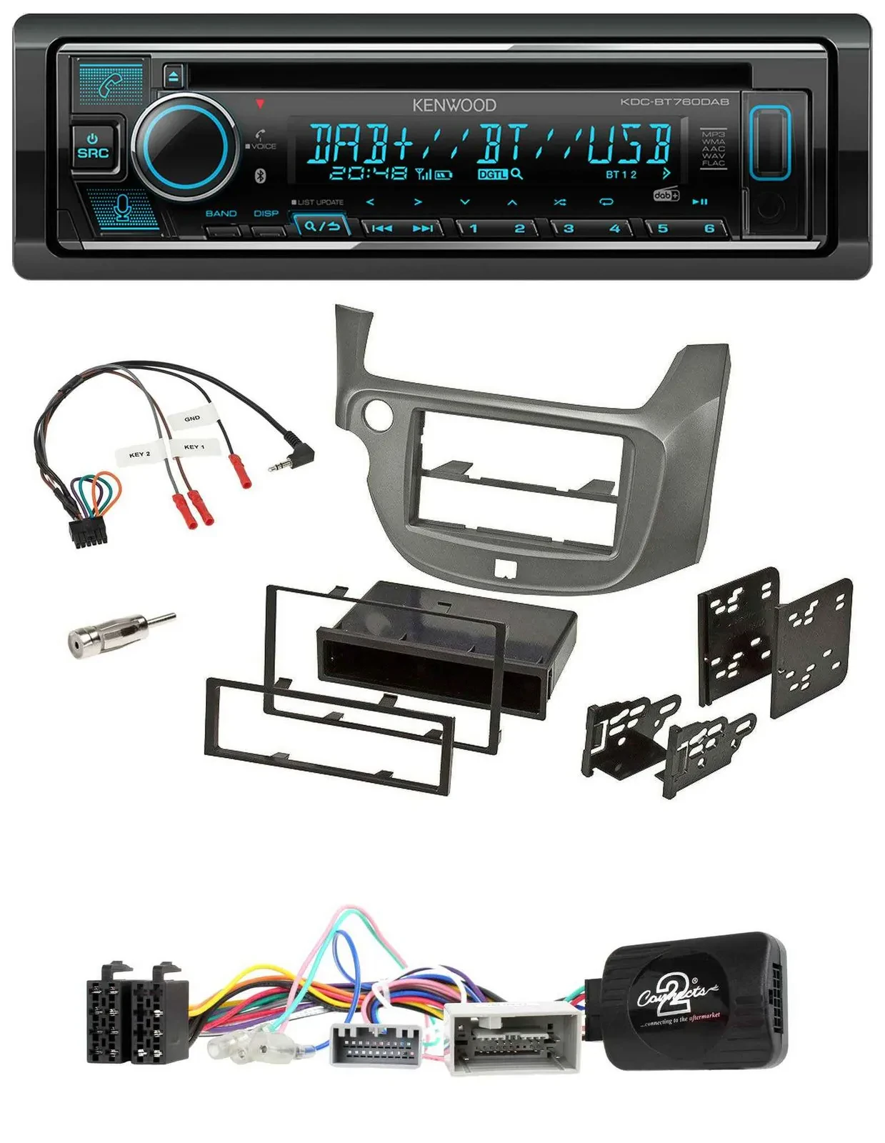 Kenwood Lenkrad Bluetooth DAB USB CD Autoradio für Honda Jazz ab 2014 silber