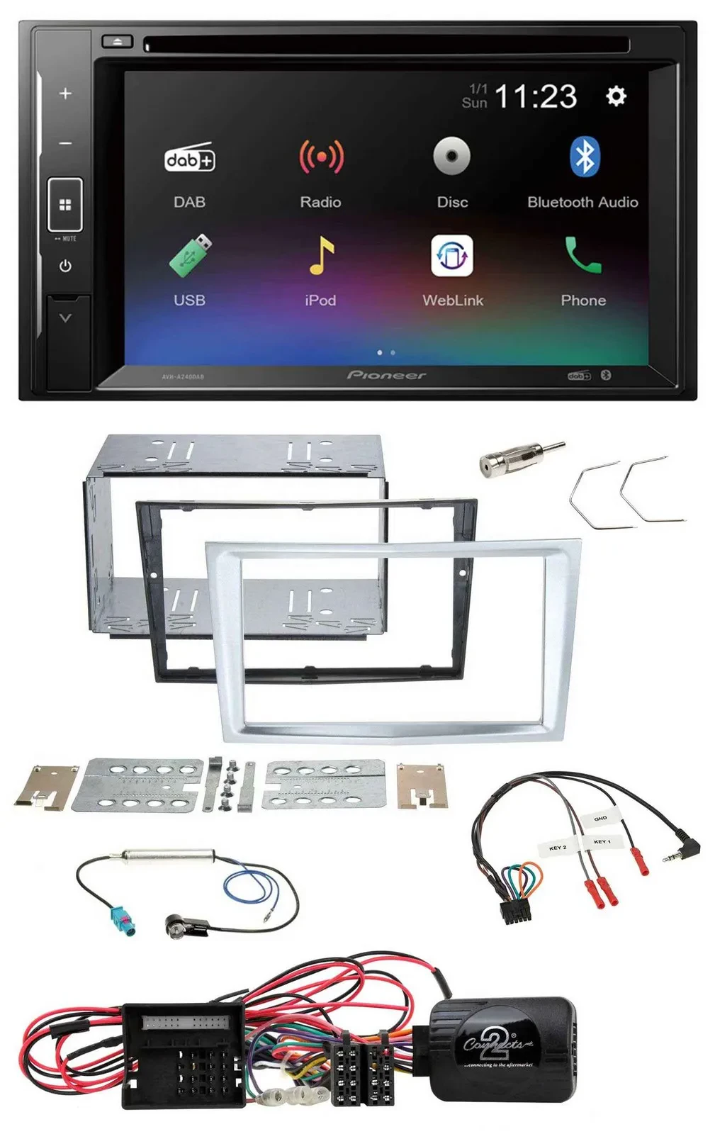 Автомагнитола Pioneer 2-DIN, Bluetooth, USB, DAB, DVD, для Opel Corsa D, управление с руля, матовый хром