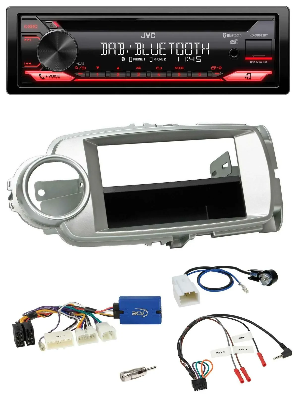 JVC CD DAB USB Bluetooth Lenkrad Autoradio für Toyota Yaris 2011-2014 silber 28-
