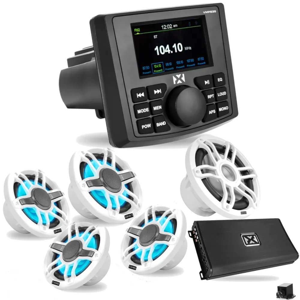 Автомагнитола NVX VMPS35 / MVTSP8W (набор): 2 пары морских колонок 6.5", сабвуфер и 5-канальный усилитель