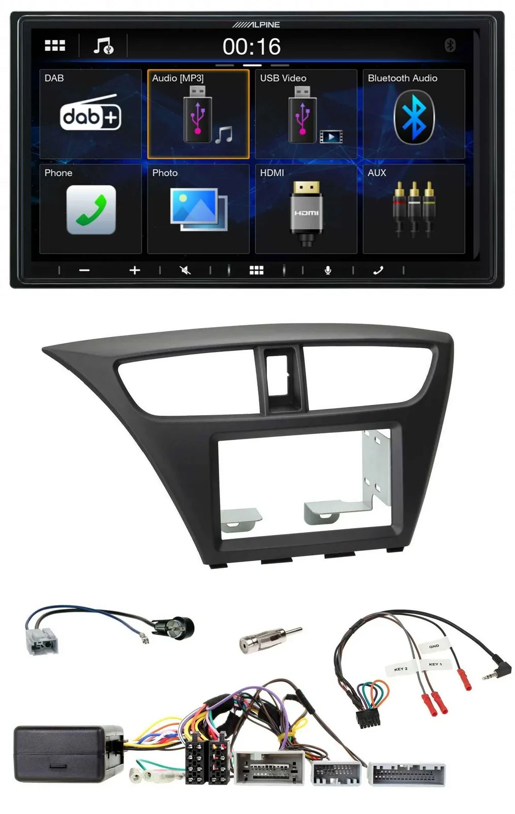 Автомагнитола Alpine 2-DIN, Bluetooth, DAB, USB, для Honda Civic (с 2012), черный, с управлением на руле
