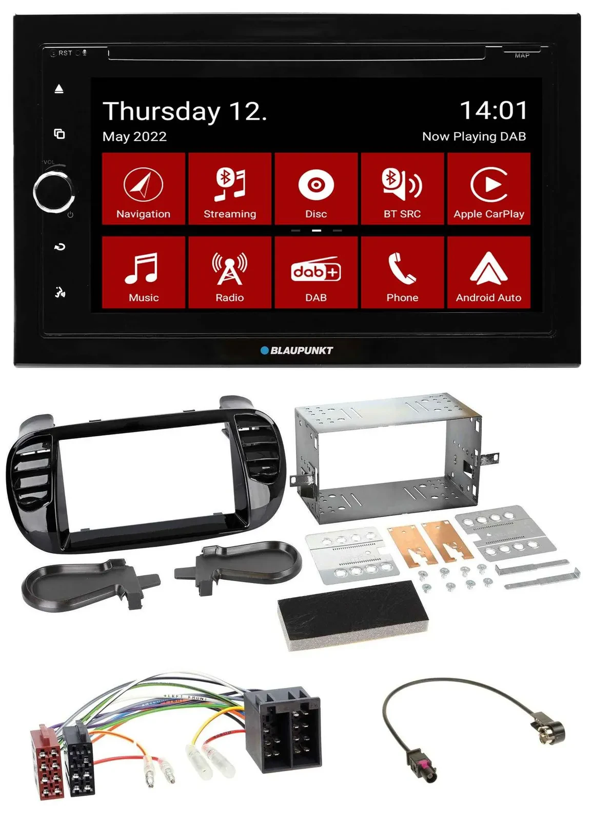 Blaupunkt MP3 DVD Bluetooth DAB 2DIN USB Autoradio für Fiat 500 ab 12 ISO schwar