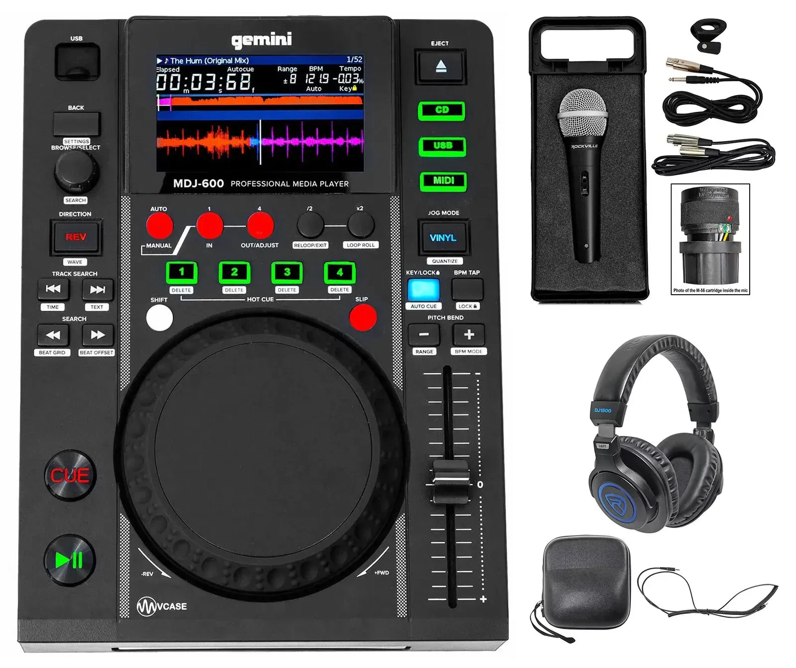 DJ-контроллер с джогом Gemini MDJ-600 USB/CD, MIDI (набор) с наушниками и микрофоном