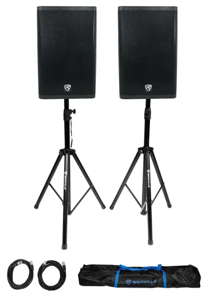 (2) Rockville DX15 15" 2000 Watt Powered Active DJ PA Speakers+Stands+Cables+Bag