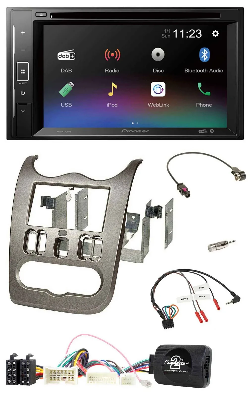 Автомагнитола Pioneer 2DIN, Bluetooth, USB, DAB, DVD, для Dacia (с 2012), темно‑серебристая