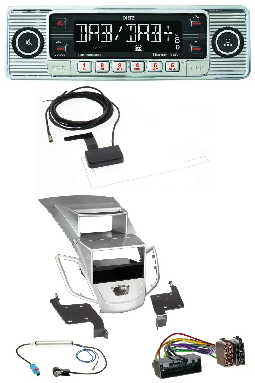 Dietz Bluetooth USB MP3 DAB Autoradio für Ford Fiesta Display 10-17 silber