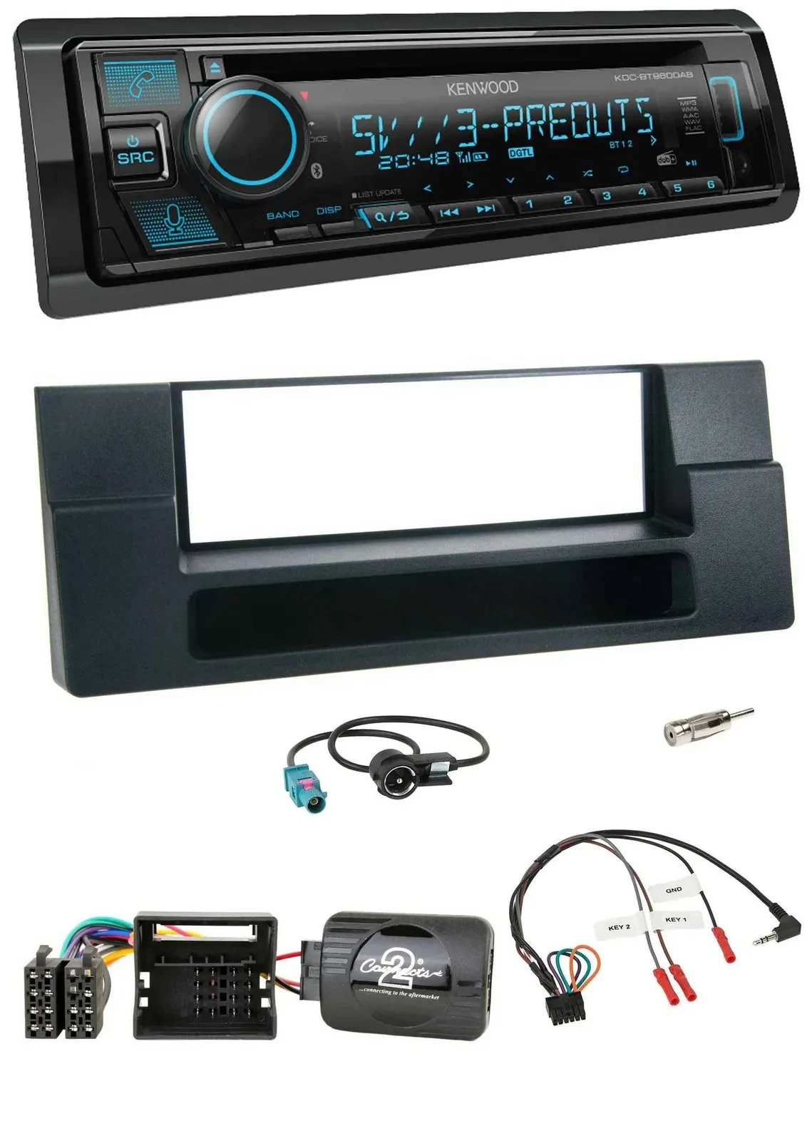 Kenwood Bluetooth USB CD Lenkrad DAB Autoradio für BMW 5er E39 X5 Quadlock Ablag