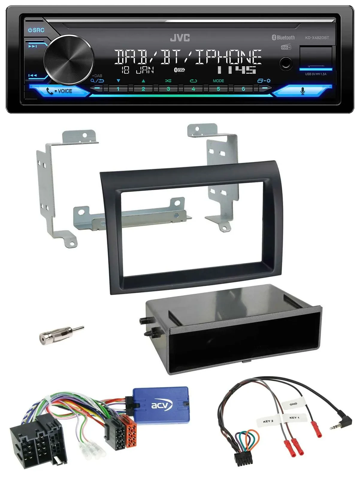 Автомагнитола для Fiat Ducato (2008–2011) JVC Bluetooth, DAB, USB, совместимая с управлением на руле, черная