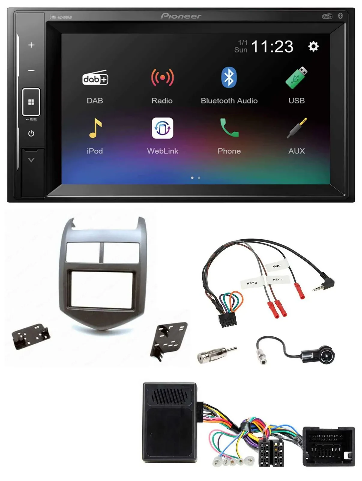 Pioneer DAB Lenkrad 2DIN Bluetooth USB Autoradio für Chevrolet Aveo ab 11 dunkel