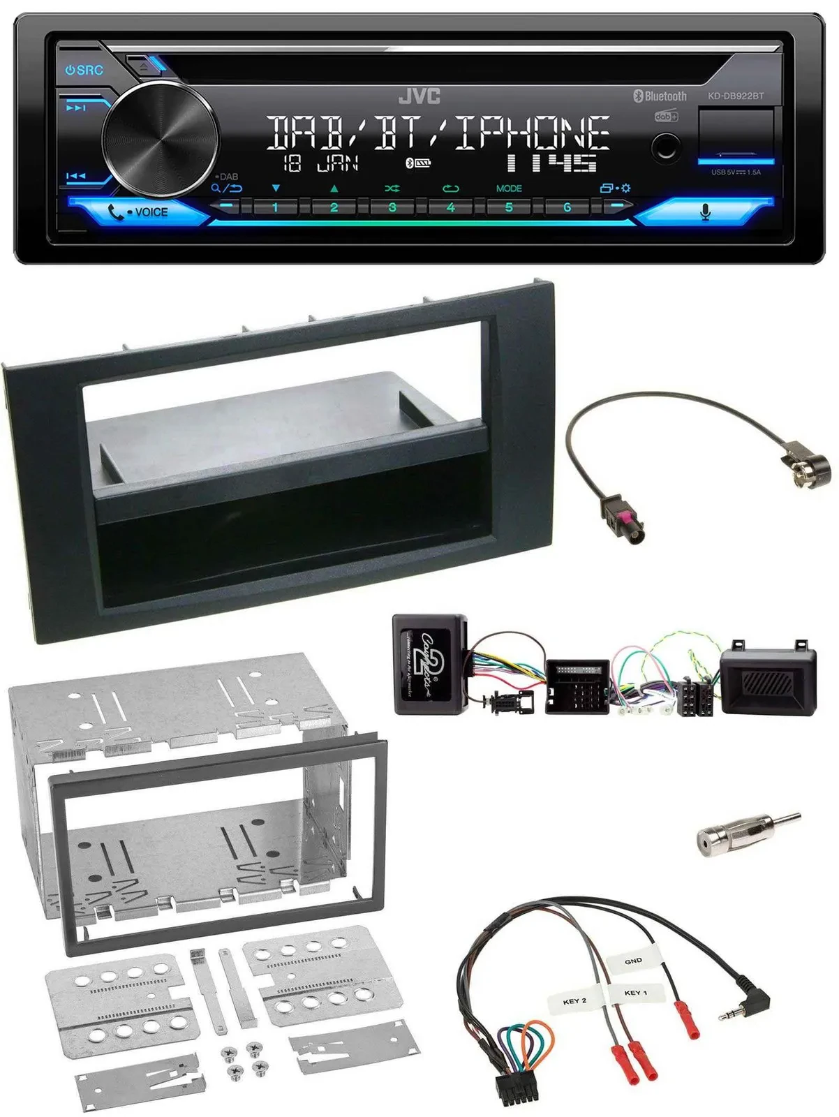 Автомагнитола JVC Bluetooth, USB, DAB, CD для Ford Kuga 2008–2012, черная, с управлением на руле