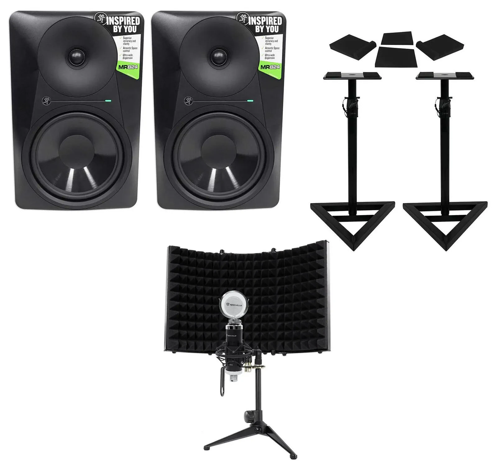 Студийные мониторы Mackie MR824 8", 85W (набор, пара) с конденсаторным микрофоном, стойками, изоляционными падами и акустическим экраном