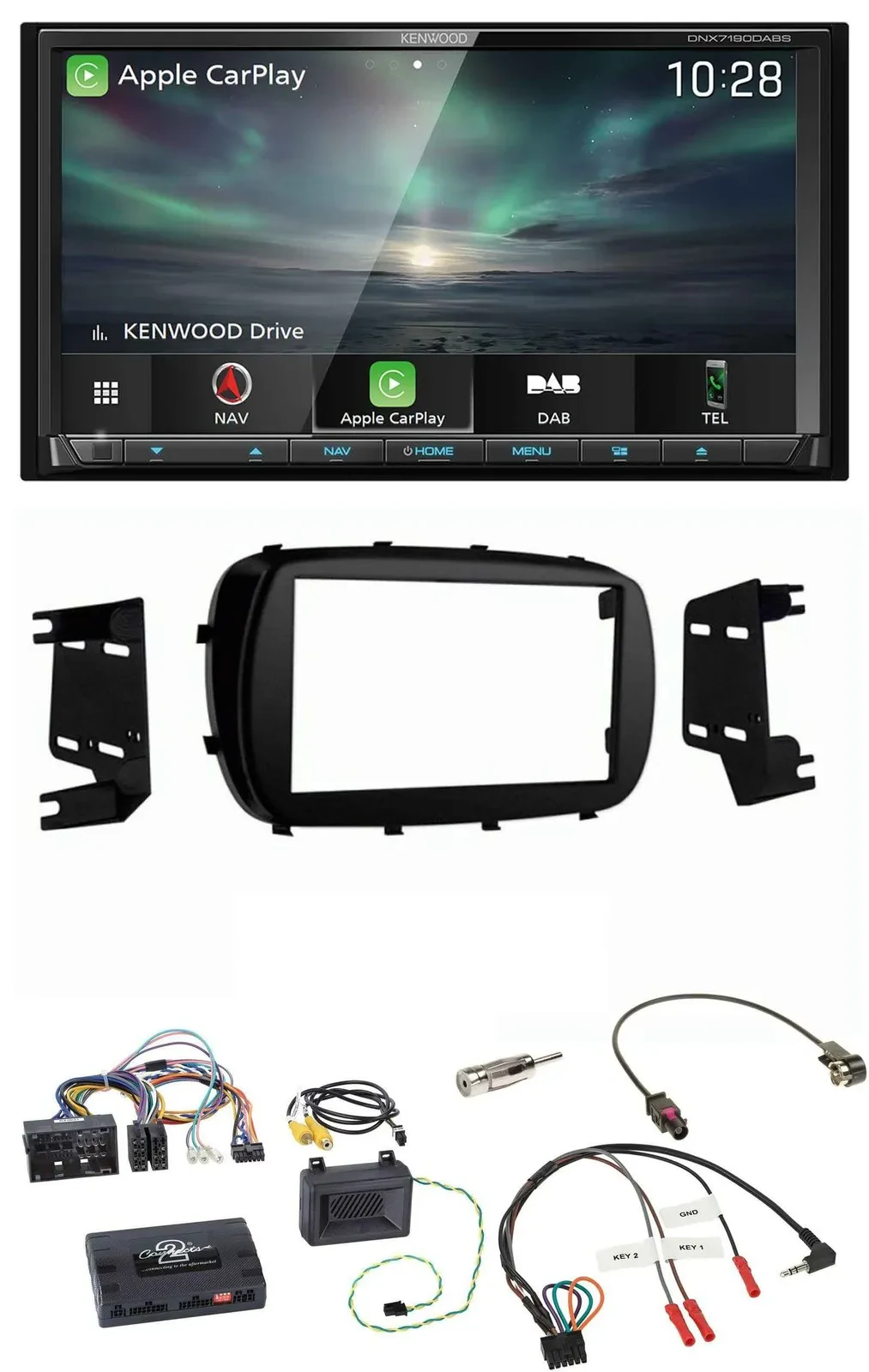 Kenwood Bluetooth USB 2DIN Lenkrad TMC DAB Navigation für Fiat 500X ab 2014