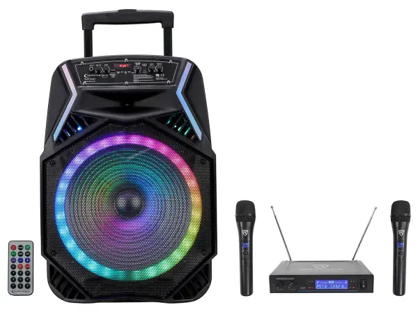 Technical Pro RAINB15 3000w Karaoke Machine System w/Bluetooth/LED+Wireless Mics