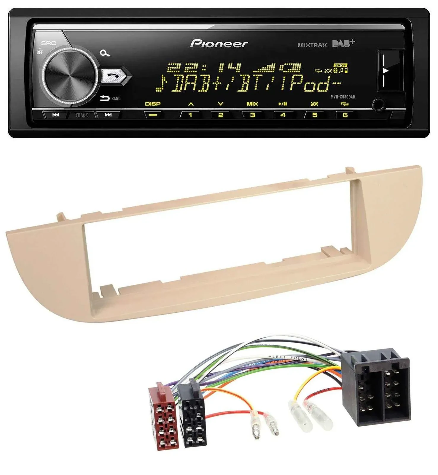 Автомагнитола для Fiat 500 (с 2007) Pioneer Bluetooth, USB, DAB, MP3 перламутрово-серый/бежевый