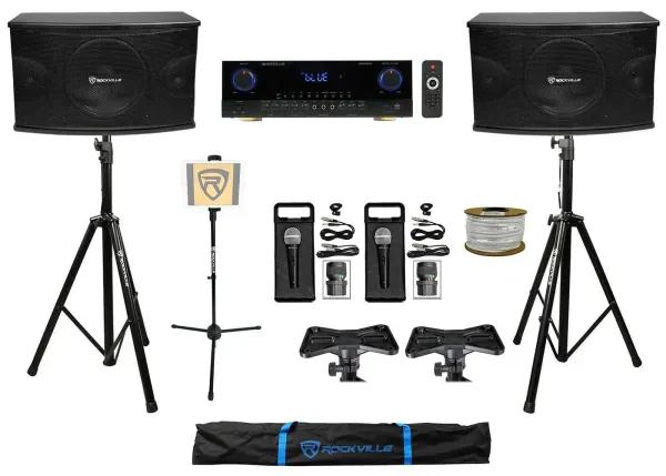 2) Rockville KPS10 10" Karaoke Speakers+Bluetooth Amplifier+2) Mics+Tablet Stand