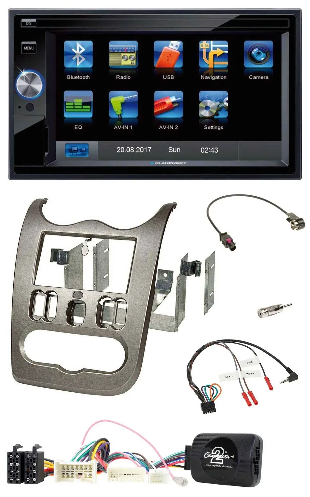 Blaupunkt SD USB TMC Bluetooth 2DIN Lenkrad Navigation für Dacia ab 2012 dunkels