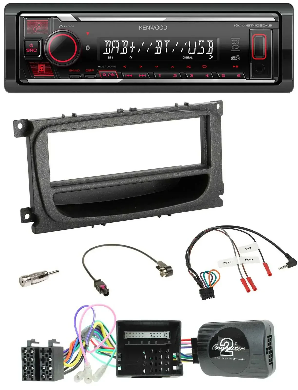 Автомагнитола Kenwood Bluetooth, USB, DAB, с поддержкой управления на руле для Ford Mondeo/S-Max (2007–2014, CAN), черная