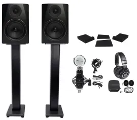 2) Rockville APM6B 6.5" 350w Studio Monitors+36" Stands+Pads+Headphones+Mic