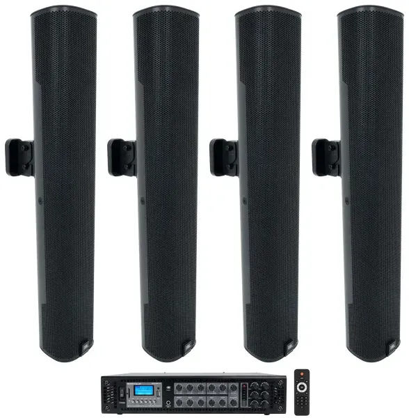 (4) JBL COL600-BK 24" Black 70V Commercial Column Wall Mount Array Speakers+Amp