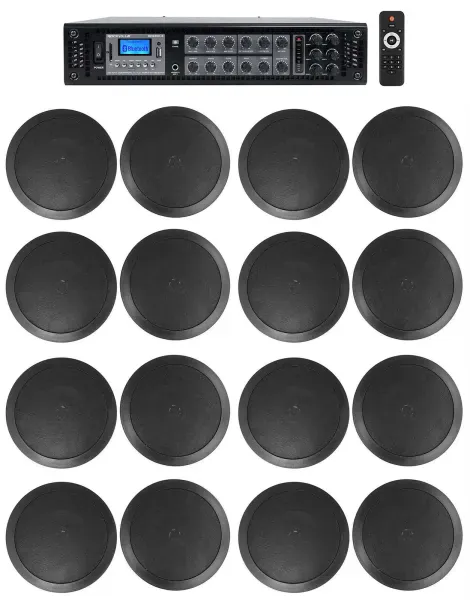 Rockville 6-Zone Amplifier+(16) 6.5" 2-Way Black Ceiling Speakers For Restaurant