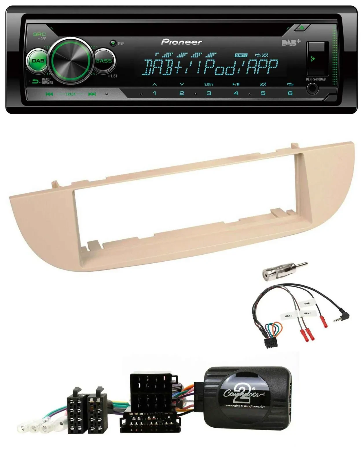 Автомагнитола Pioneer USB/MP3/DAB/CD, поддержка управления с руля, для Fiat 500 (с 2007), перламутрово-серый/бежевый