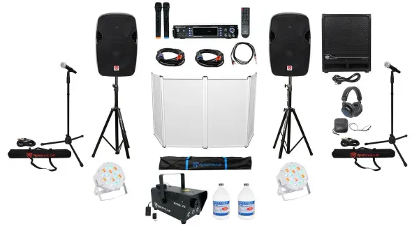 Pair 12" DJ Speakers+Sub+Amp+Headphones+Facade+Lights+Fogger+Mics+Stands+Cables