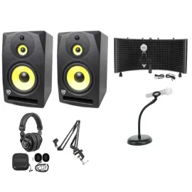 Pair Rockville DPM10B 10" 800w Active Studio Monitors+Headphones+Mic+Shield+Boom